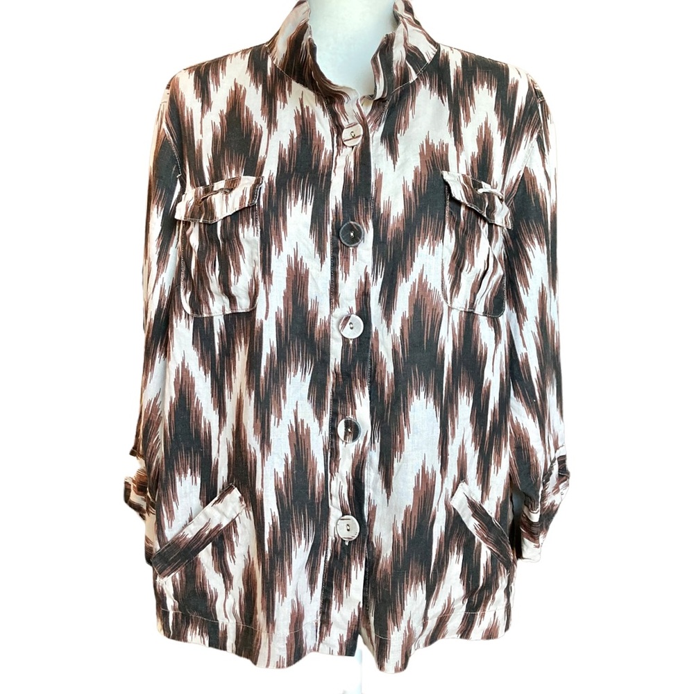 Chico’s Women’s linen abstract print quarter length sleeves jacket, Sz 16